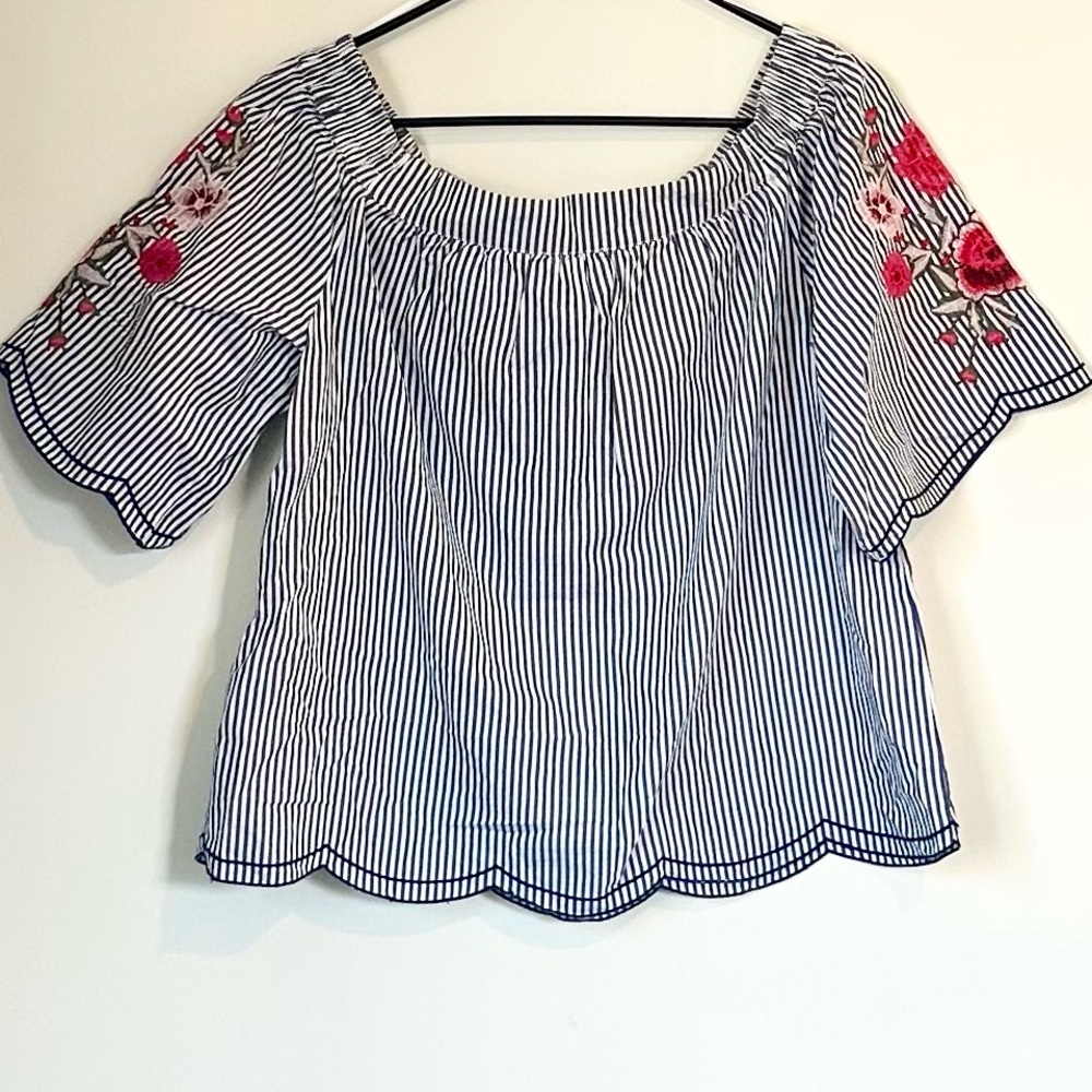 Tribal Jeans Striped Off-Shoulder Top with Floral Embroidery - Size: Medium - Picture 8 of 9